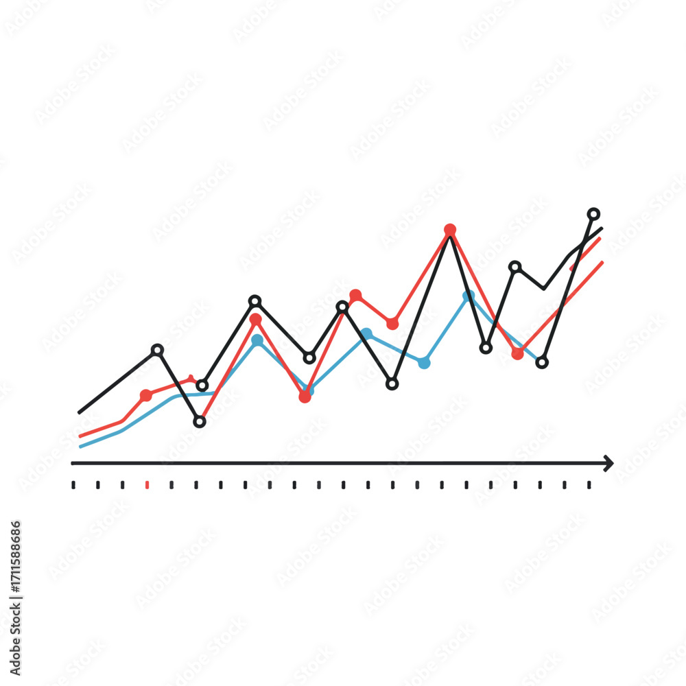 Rising Graph Lines depict data trends with colored points on a linear ...