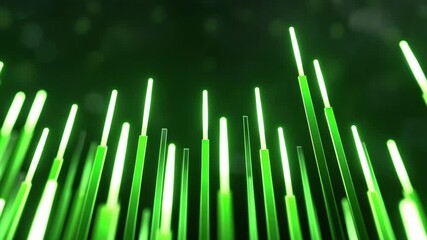 Wall Mural - Glowing green light bars rise vertically with vibrant neon glow, creating dynamic energy and futuristic atmosphere in dark background featuring abstract light design and vibrant bar illumination
