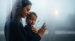 © Vany - Mother and Child Silhouetted Through Rain-Streaked Windowpane: A Tender Moment of Contemplation
