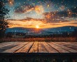 A rustic wooden table overlooks a scenic landscape with vibrant fireworks illuminating the twilight sky above distant mountains