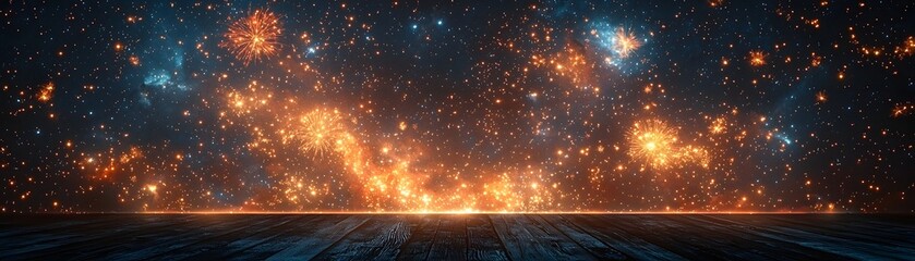 Wall Mural - A wooden surface beneath a vibrant cosmic sky filled with glowing nebulae and distant fireworks
