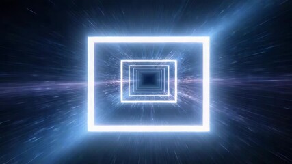 Wall Mural - Neon glowing square tunnel with motion blur effect in dark space creating futuristic dynamic visual experience with glowing white square frames and light streaks evoking depth and cosmic atmosphere