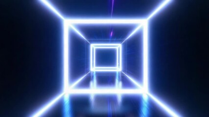 Wall Mural - neon light tunnel glowing blue square frames create futuristic vibrant visual effect dark space dyna