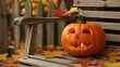 © James - Jackolantern on a bench surrounded by autumn leaves for halloween