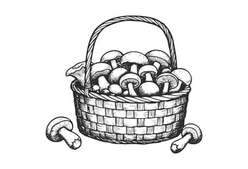Wall Mural - detailed hand-drawn basket filled with mushrooms - stock vector