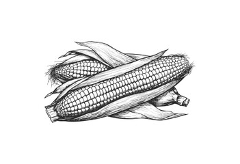 Wall Mural - detailed black and white illustration of corn on the cob with husks - stock vector
