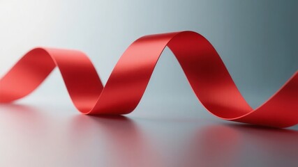 A red satin ribbon curled in a wavy pattern on a smooth surface with soft lighting