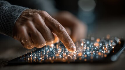 Person touching illuminated display on digital device with city lights bokeh effect in background at night, technology concept