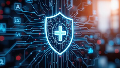 Powerful digital cyber security shield protecting networks and data with glowing lines, ideal for technology, innovation, and modern business concepts