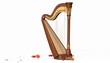 © Dil - Classical wooden harp with ornate gold detailing, standing upright on a white background. Surrounded by scattered rose petals and whole roses, this romantic composition blends musical elegance