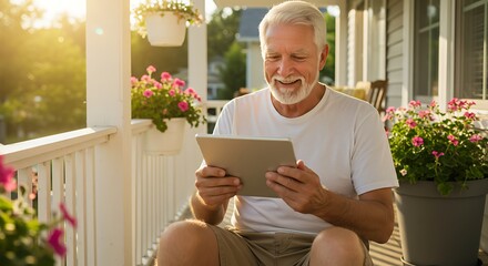 Man using tablet outdoors