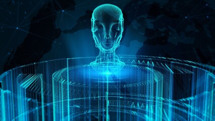 Wall Mural - Futuristic Holographic Human Head with Geometric Patterns in Digital Landscape