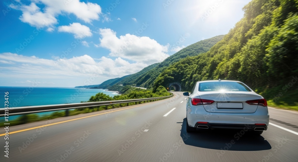 White car driving on a scenic coastal highway with ocean views and lush ...