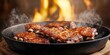 © Uro - Succulent ribs sizzling in a cast-iron skillet, surrounded by smoke and flames, showcasing a mouthwatering barbecue scene.