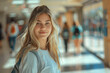 © Eduard - Cheerful young woman smiles while walking through a school hallway, capturing a vibrant moment in her academic life
