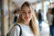 © Eduard - Young woman smiles confidently in school hallway during daytime while other students walk by