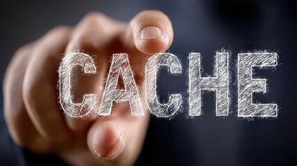 Finger touches glowing cache text in technology concept, representing data storage and retrieval process in computer systems and digital networks
