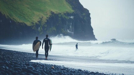 Wall Mural - surfers walking along beach front cliff moody iceland calm deep lost lucid dream amber glow silence stunningly
