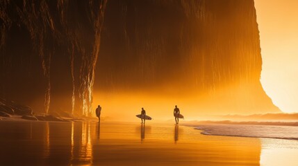 Wall Mural - surfers walking along beach front cliff moody iceland calm deep lost lucid dream amber glow silence stunningly
