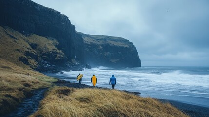 Wall Mural - surfers walking along beach front cliff moody iceland calm deep lost lucid dream amber glow silence stunningly
