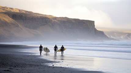 Wall Mural - surfers walking along beach front cliff moody iceland calm deep lost lucid dream amber glow silence stunningly
