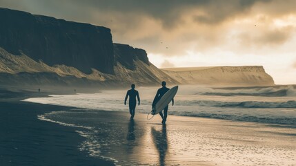 Wall Mural - surfers walking along beach front cliff moody iceland calm deep lost lucid dream amber glow silence stunningly
