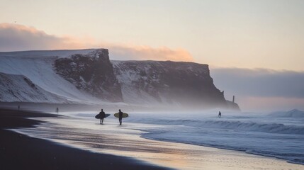 Wall Mural - surfers walking along beach front cliff moody iceland calm deep lost lucid dream amber glow silence stunningly
