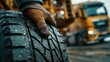 © SaroStock - Mechanic inspects truck tire at port terminal during the day for wear and tear ensuring safety