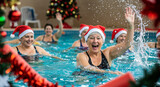 Group of happy women in santa hat doing aqua aerobic in swimming pool for a Christmas water fitness class. Winter holiday activity.