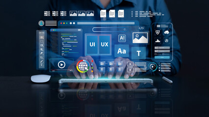 Web UI-UX design, web development concept. A web developer works on a website, surrounded by holographic displays of code, icons, and data visualizations. Web design, application design, coding.