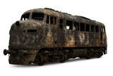 Rusty abandoned train showing destruction and decay on transparent background