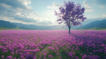 Purple Bloom Vista: A majestic tree stands in a sea of vibrant purple flowers under a picturesque cloudy sky, offering a breathtaking landscape.