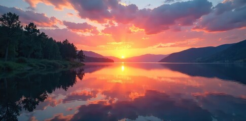 Wall Mural - Sunrise over a tranquil lake reflecting a vibrant sky, offering a sense of serene hope and new beginnings Perfect for inspirational projects and peaceful themes , nature, breathtaking, optimism