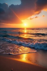 Wall Mural - Tranquil seashore scene at sunset, golden light reflecting on calm water, dramatic sky, sandy beach, peaceful atmosphere ,  sea,  background
