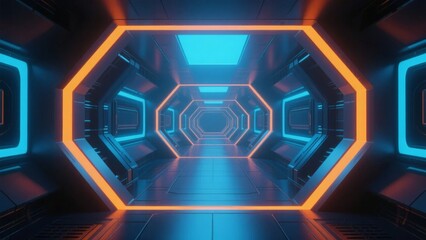 Futuristic hexagonal corridor with blue and orange neon lighting in a sci-fi tunnel