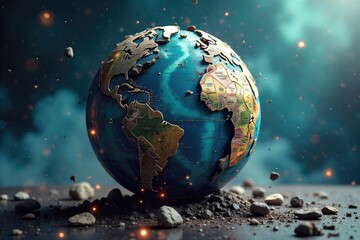 Wall Mural - A spinning globe fractured into pieces, symbolizing global upheaval and societal transformation  Elements suggest technological advancement and a chaotic yet hopeful future ,  opportunity,  fractured