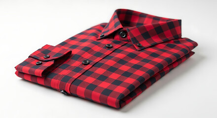 Neatly folded plaid button down shirt with  checkered pattern, displayed on a white background for fashion or retail use.
