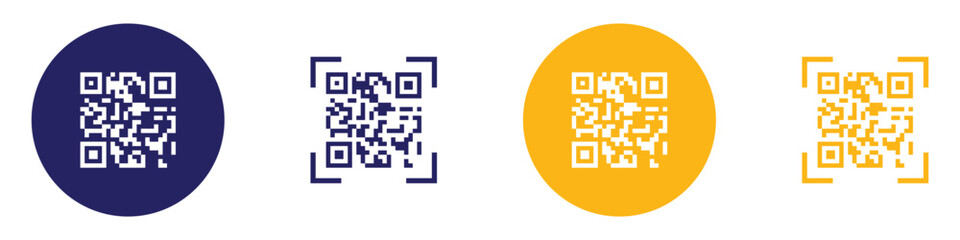 QR code icon vector illustration. Fake template of quick response matrix barcode in square grid. Mobile phone camera readable digital label. Modern white and blue QR code on white background.