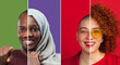 © master1305 - Creative split portraits of diverse people on vibrant colored backgrounds. Concept of diversity, individuality, inclusion, modern identity, and equality in society.