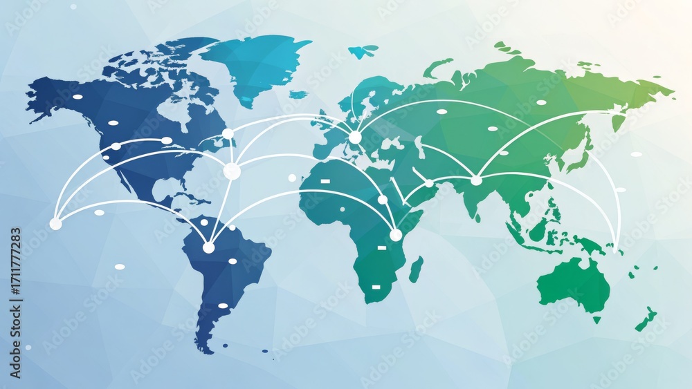 world map with an abstract network of curved lines and dots, for global ...