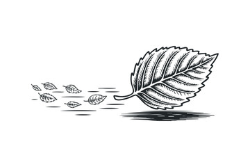 Wall Mural - Windswept leaves falling in a graphic line drawing. Vector hand drawn illustration