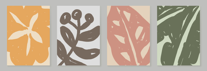 Wall Mural - Abstract botanical poster vector set. Leaves, flower in earth tone colors. Illustration design for Eco packaging, interior, cover, wall art, wallpaper.