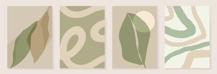Wall Mural - Abstract botanical poster vector set. Leaves, flower in earth tone colors. Illustration design for Eco packaging, interior, cover, wall art, wallpaper.