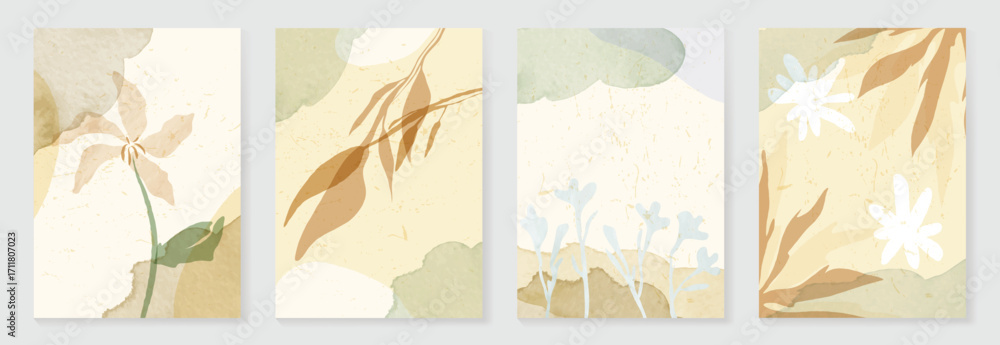 Abstract botanical poster vector set. Leaves, flower in earth tone ...