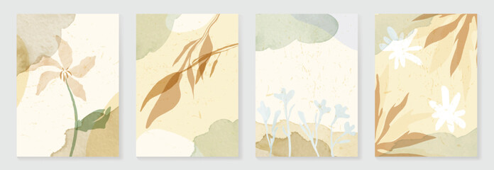 Wall Mural - Abstract botanical poster vector set. Leaves, flower in earth tone colors. Illustration design for Eco packaging, interior, cover, wall art, wallpaper.