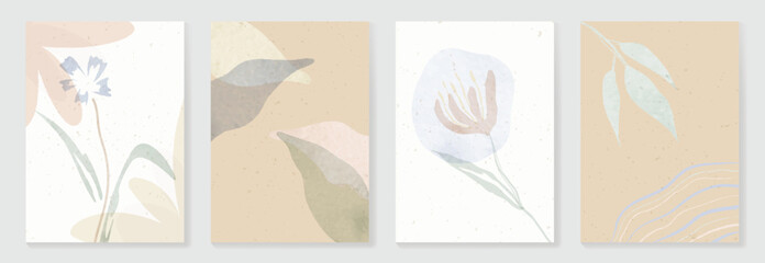 Wall Mural - Abstract botanical poster vector set. Leaves, flower in earth tone colors. Illustration design for Eco packaging, interior, cover, wall art, wallpaper.
