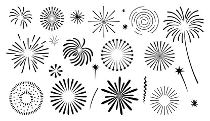 Set of black vector icons of exploding festival fireworks, flashes, and celebratory salutes. Flat, isolated illustrations perfect for festive designs and event graphics