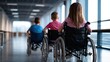 © Freshpixel - Three children in wheelchairs navigate a bright corridor, symbolizing resilience and the spirit of overcoming challenges within a modern environment.