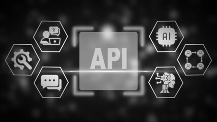 API concept with AI and network icons in grayscale on a dark background application programming interface