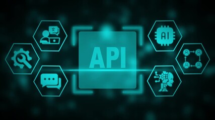 Application Programming Interface API concept with surrounding icons representing AI machine learning development communication and data integration on a dark blurred background